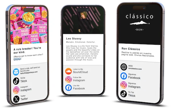 Code QR avec des liens vers divers profils de médias sociaux tels que Facebook, Instagram et LinkedIn.